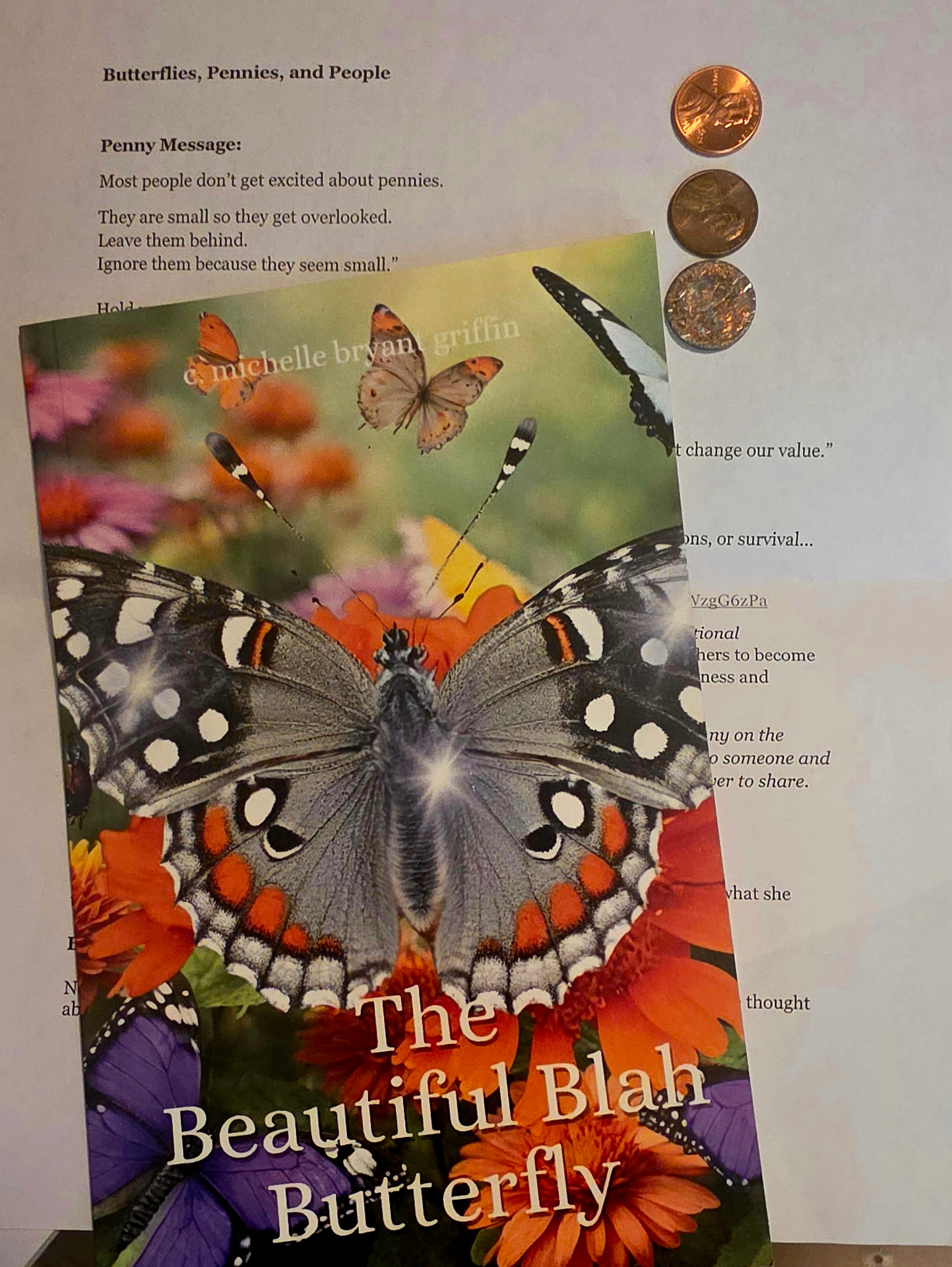 The Beautiful Blah Butterfly book resting on printed talk notes with three pennies lined up beside it